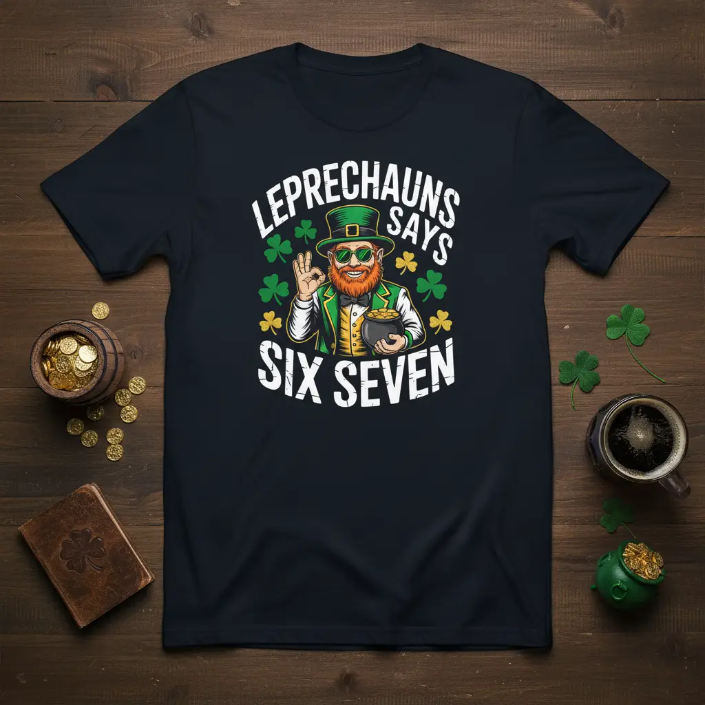 Leprechauns Says Six Seven funny St. Patrick's Day t-shirt graphic with a leprechaun holding gold