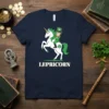 Lepricorn t-shirt design featuring a leprechaun riding a white unicorn with green mane and tail, text below reads LEPRICORN