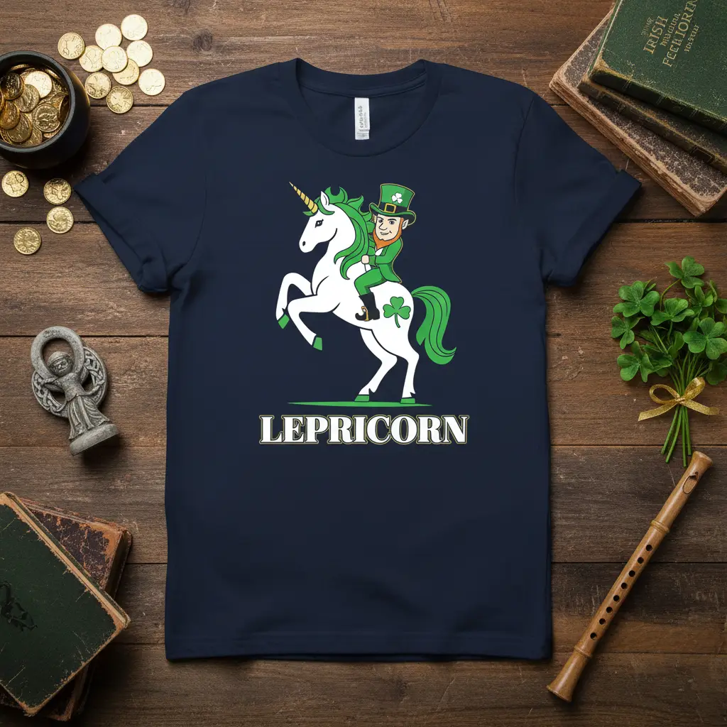 Lepricorn t-shirt graphic featuring a leprechaun riding a unicorn with the word LEPRICORN below
