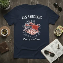 Navy t-shirt with "Les Sardines" text above a graphic of a fishing boat and an open sardine can, also labeled