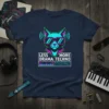 Less Drama More Techno t-shirt design with a neon cat DJ wearing sunglasses and headphones