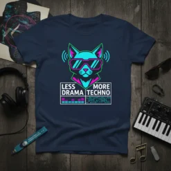Less Drama More Techno t-shirt design with a neon cat DJ wearing sunglasses and headphones