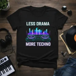 Less Drama More Techno quote on a black t-shirt with a DJ controller graphic and cityscape