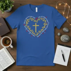 Blue t-shirt with a golden heart-shaped vine encircling a glittery Christian cross, with the scripture "Let all that in Love"