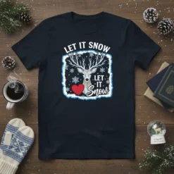 Let It Snow Deer Christmas T-Shirt with festive snowflakes and red heart graphic