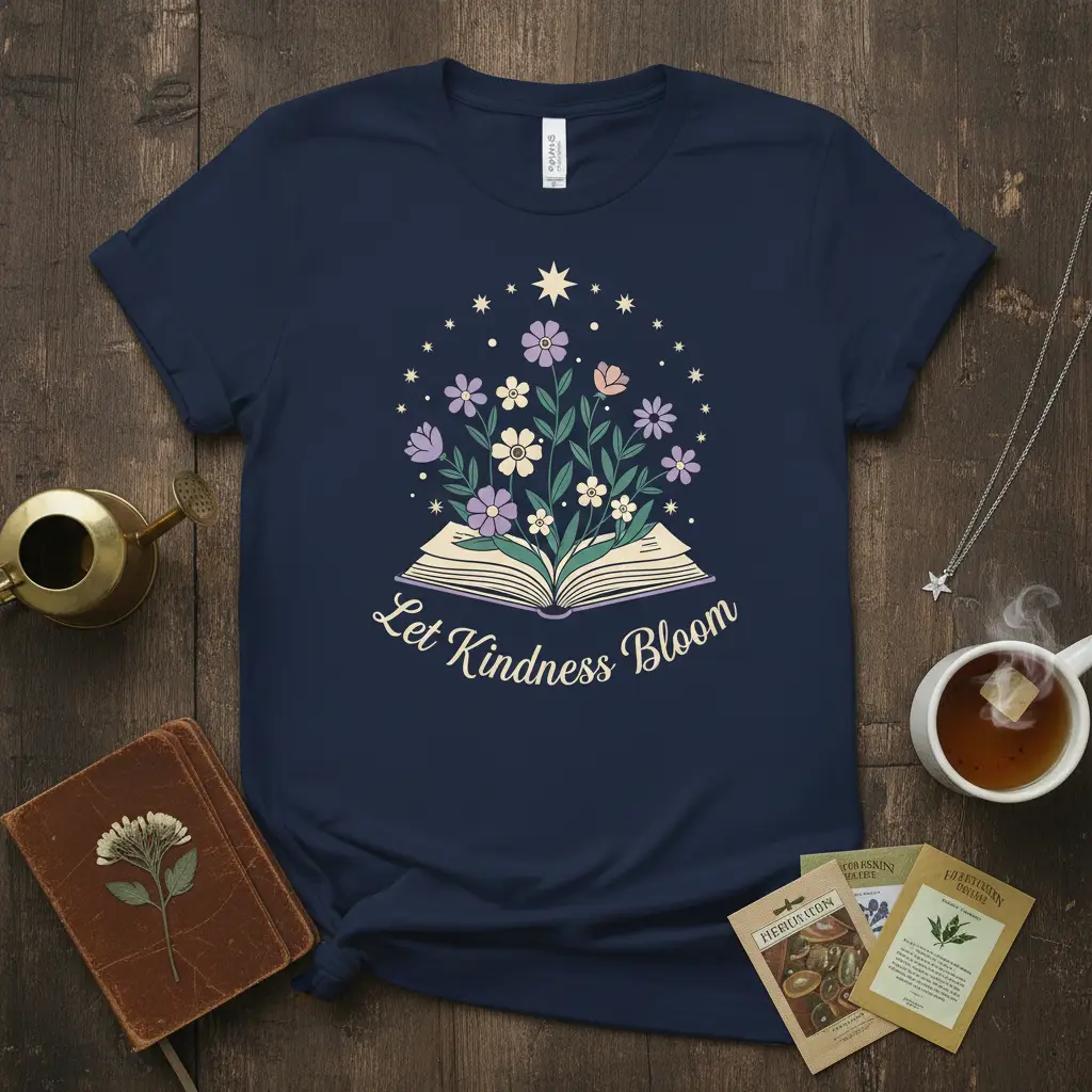 Let Kindness Bloom quote on a t-shirt with an open book and floral design, inspiring positivity
