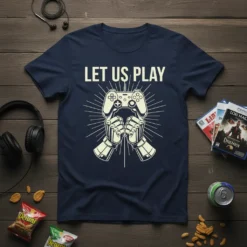 Navy t-shirt with "LET US PLAY" text and a graphic of hands holding a video game controller, representing gaming fun
