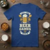 Let The Beer Games Begin T-Shirt featuring a beer mug, hops, spoons, and a bottle opener graphic