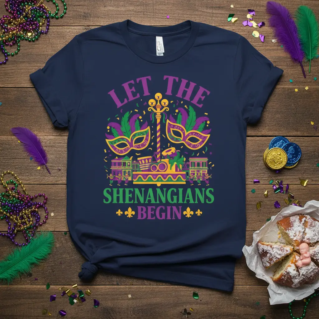 LET THE SHENANIGANS BEGIN Mardi Gras themed t-shirt with festive masks and parade imagery