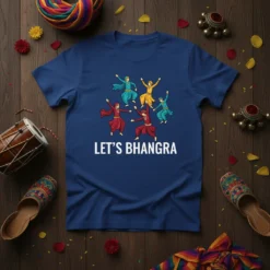 Blue t-shirt with white text "LET'S BHANGRA" and colorful graphic of people dancing in traditional attire