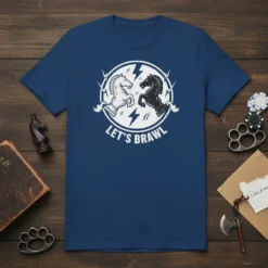 Let's Brawl chess t-shirt design with white and black horse pieces facing off in a circle with lightning bolts
