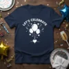 Let's Celebrate text with white balloons and heart graphic on a navy blue t-shirt, perfect for parties