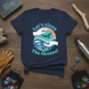 Let's clean The Oceans! text with graphic of hands protecting a whale and plastic waste in waves on a navy