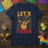 Let's Fiesta t-shirt with a colorful acoustic guitar, maracas, and floral accents