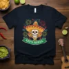 Let's Fiesta t-shirt with a skull wearing a sombrero, holding maracas, with fireworks and chili peppers
