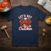 LET'S GET Crackin text with a cartoon chef crab holding crab crackers and a bowl of butter on a navy