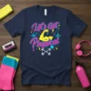 Let's Get Physical retro workout t-shirt design with yellow flexing arm and dumbbells