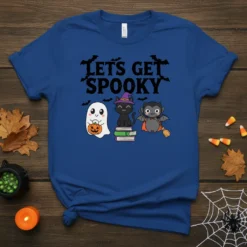 Lets Get Spooky Halloween t-shirt design with ghost, black cat, and vampire characters
