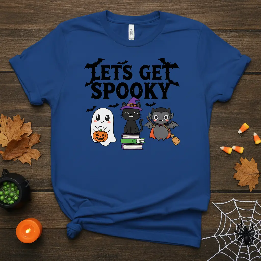 Lets Get Spooky Halloween T-Shirt Cute Ghost Vampire Cat