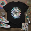 Black t-shirt with "Let's Get Weird" text and a sunglasses-wearing cat graphic, featuring a psychedelic burst background