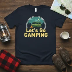 Let's Go CAMPING t-shirt design with a green camper van, campfire, trees, moon, and stars