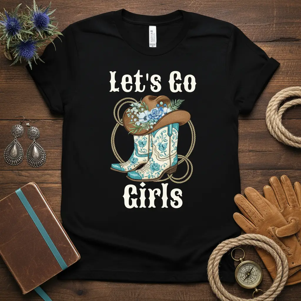 Let's Go Girls phrase with detailed cowboy boots and floral hat graphic on black t-shirt