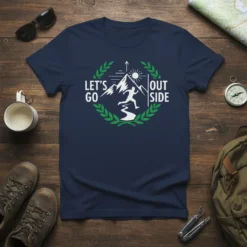 Let's Go Outside t-shirt design featuring a runner ascending a mountain peak within a laurel wreath