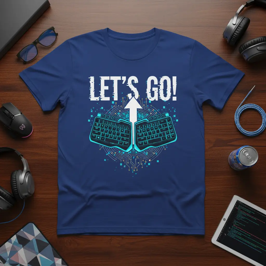 LET'S GO! quote with split ergonomic keyboards and digital circuit design on a blue tee