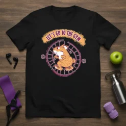 Let's Go To The Gym text with a cartoon hamster running on a wheel design on a black t-shirt
