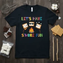 Let's Have S'More Fun t-shirt with cute marshmallows by a campfire graphic