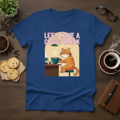 Let's Have A Coffee Break text with a cute orange tabby cat holding a coffee cup, graphic tee design