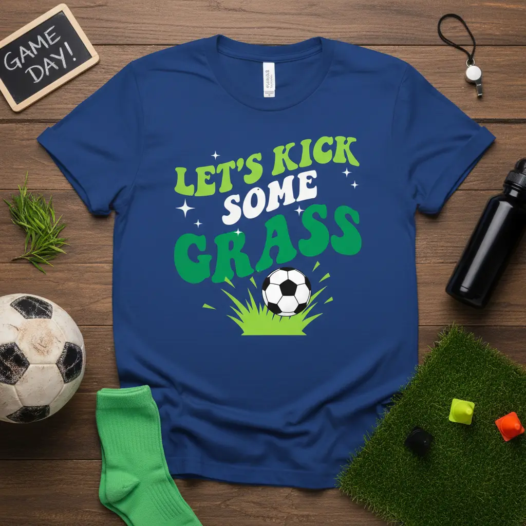 LET'S KICK SOME GRASS quote in green and white on a blue t-shirt with a soccer ball and grass graphic