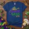 Let's MARDI GRAS y'all text with Mardi Gras mask and beads on a navy blue t-shirt