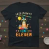 Lets Pawty I'm Eleven birthday t-shirt with a cartoon cat wearing sunglasses and a party hat