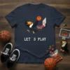LET´S PLAY text with a cartoon toucan playing basketball, dunking a ball into a hoop