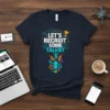 Dark navy t-shirt with "LET'S RECRUIT SOME TALENT" text in white and teal, surrounded by circuit board graphics and colorful