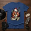 Let's Rock t-shirt design featuring a skull with horns playing a guitar engulfed in flames, with roses and musical notes