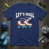 LET'S ROLL text above a vintage roller skate graphic on a navy blue t-shirt