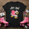 Let's Roll text with pink unicorn roller skates graphic on a black t-shirt