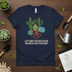 Let's Root For Each Other And Watch Each Other Grow quote on a navy t-shirt with cactus and succulent graphics