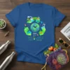 Let's Save the World Together text with cartoon earth and renewable energy graphics on a blue t-shirt