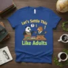 Let's Settle This Like Adults t-shirt with panda and bear lawyers debating, question mark and exclamation points