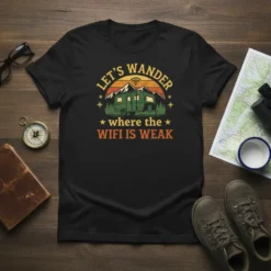 Let's Wander Where The Wifi Is Weak camping t-shirt with a vintage RV, mountains, and sunset graphic