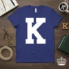 Royal blue t-shirt with a large white varsity-style letter K graphic in the center