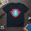 Letter Q Superhero Logo T-Shirt featuring a red and blue shield emblem with a white 'Q' inside a blue circle