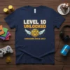 Level 10 Unlocked Awesome Since 2013 t-shirt design with a winged D20 dice graphic