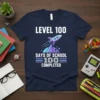 Level 100 Days of School 100 Completed t-shirt with rocket graphic and gaming theme