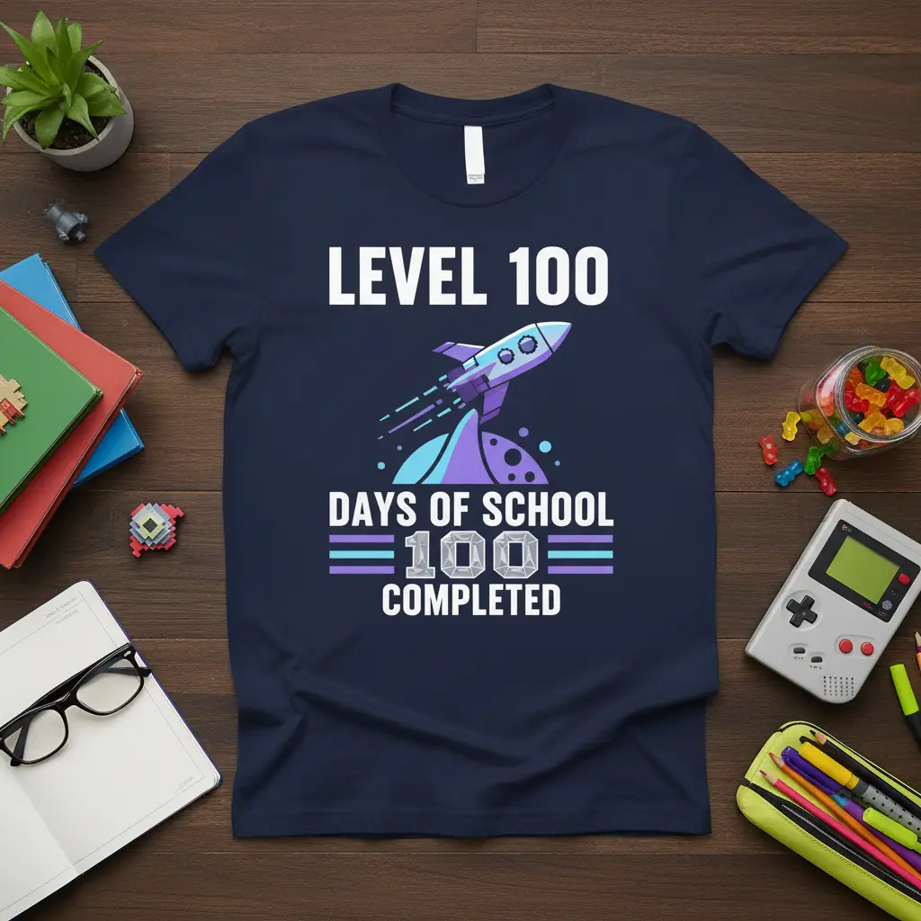 Level 100 Days of School 100 Completed text with rocket graphic on a navy t-shirt