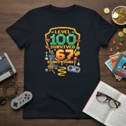 Black t-shirt featuring pixelated "Level 100 Survived 67 Bonus Rounds" text with gaming icons like chests, controllers, and hearts