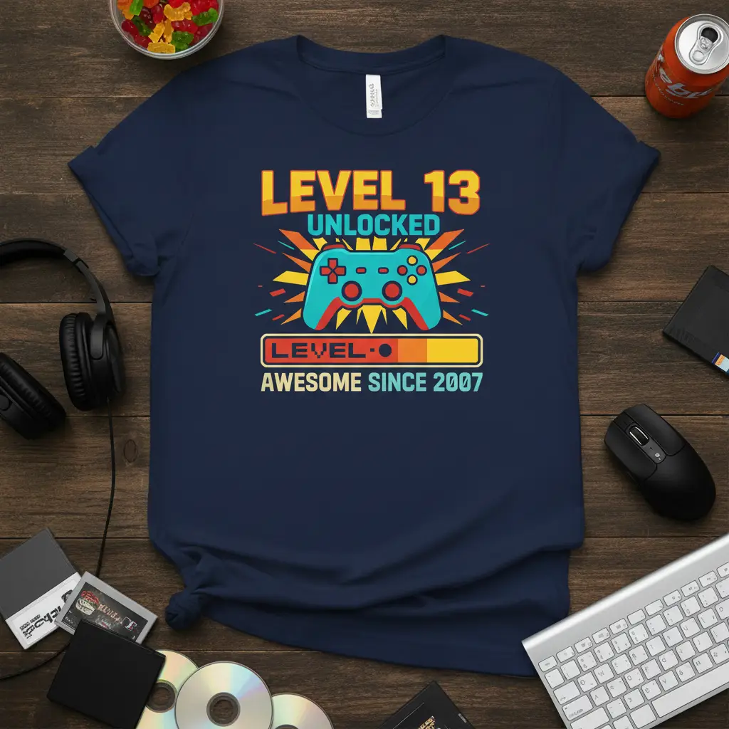 Level 13 Unlocked Awesome Since 2007 t-shirt design featuring a vintage video game controller and text graphic